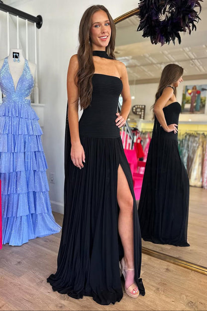 Cute Sheath Strapless Black Chiffon Prom Dress with Slit