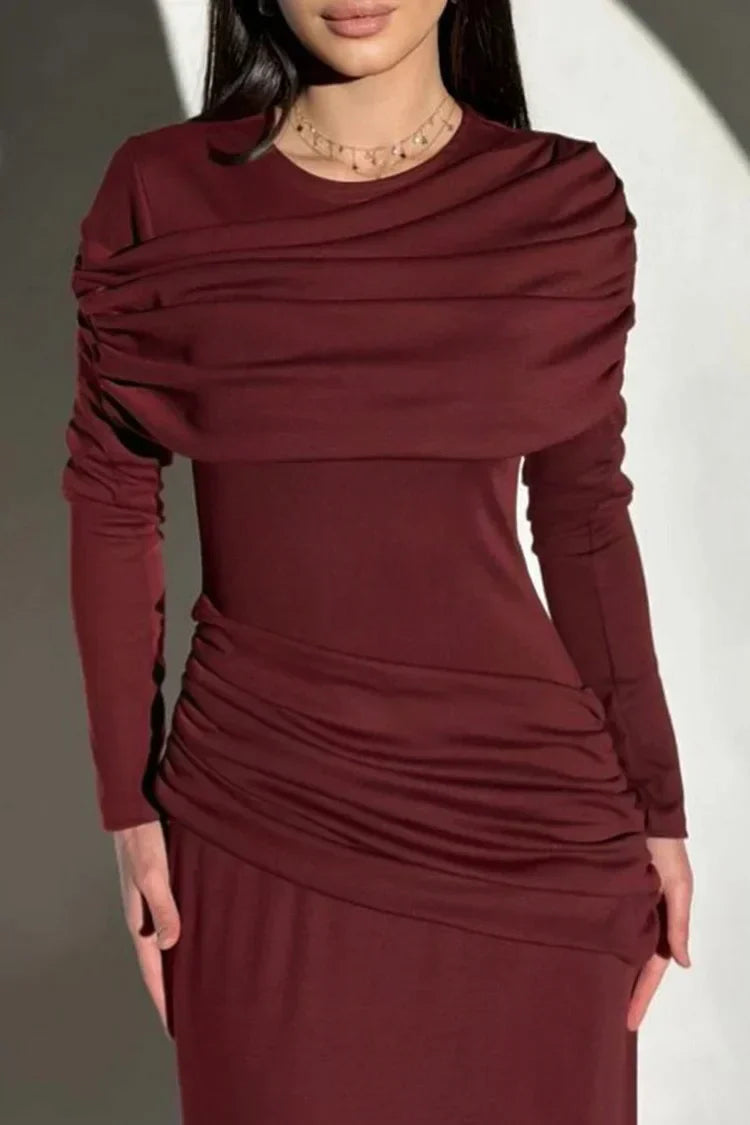 Patchwork Round Neck Long Sleeve Ruched Slim Fit Maxi Dresses