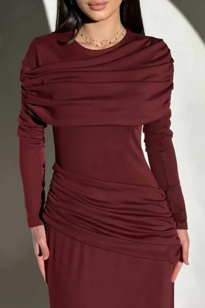 Patchwork Round Neck Long Sleeve Ruched Slim Fit Maxi Dresses