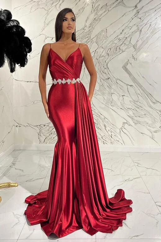 Elegant Red Spaghetti-Straps Deep V-Neck Mermaid Evening Dress With Belt Ruffles ED0472