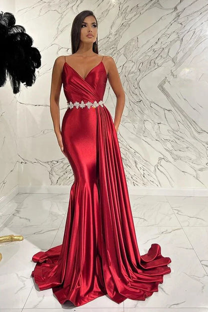 Elegant Red Spaghetti-Straps Deep V-Neck Mermaid Evening Dress With Belt Ruffles ED0472