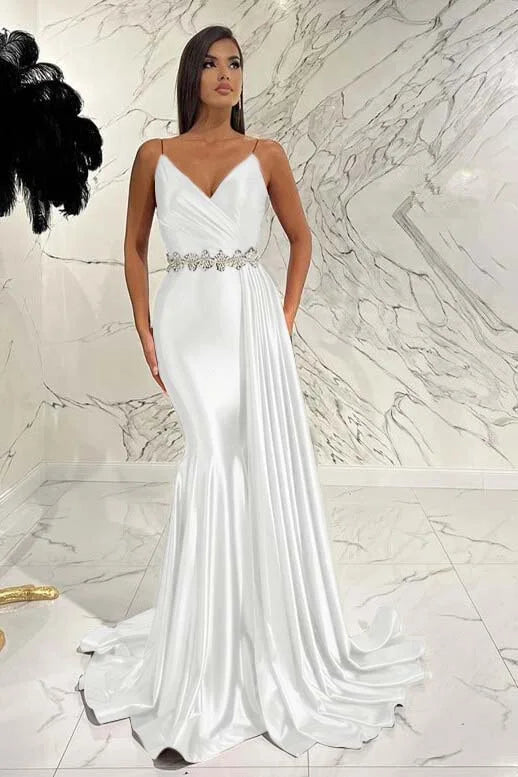 Elegant Red Spaghetti-Straps Deep V-Neck Mermaid Evening Dress With Belt Ruffles ED0472