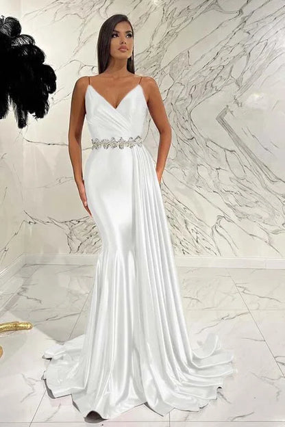 Elegant Red Spaghetti-Straps Deep V-Neck Mermaid Evening Dress With Belt Ruffles ED0472