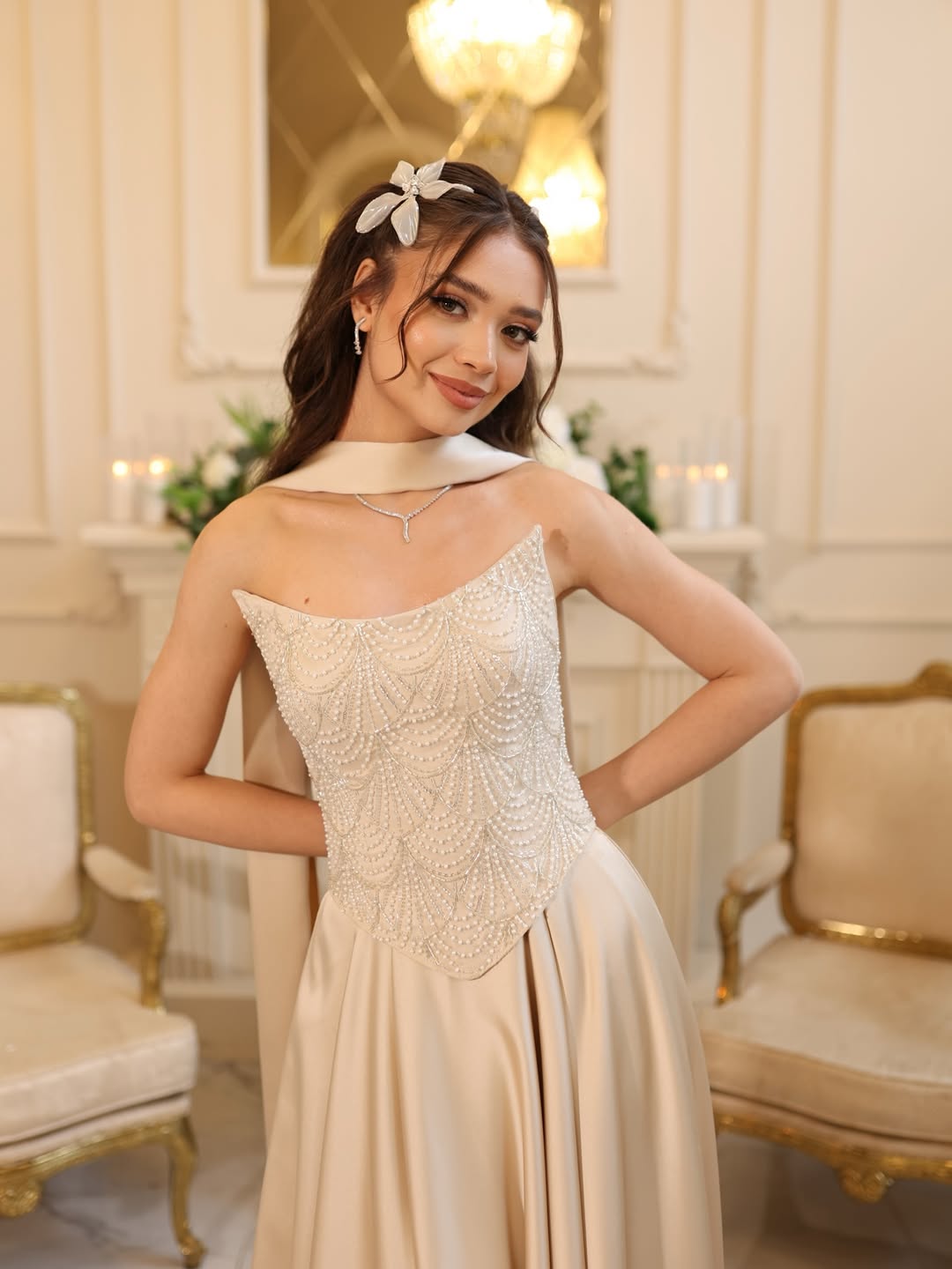 A-Line Prom Dress Sleeveless Satin with Beaded
