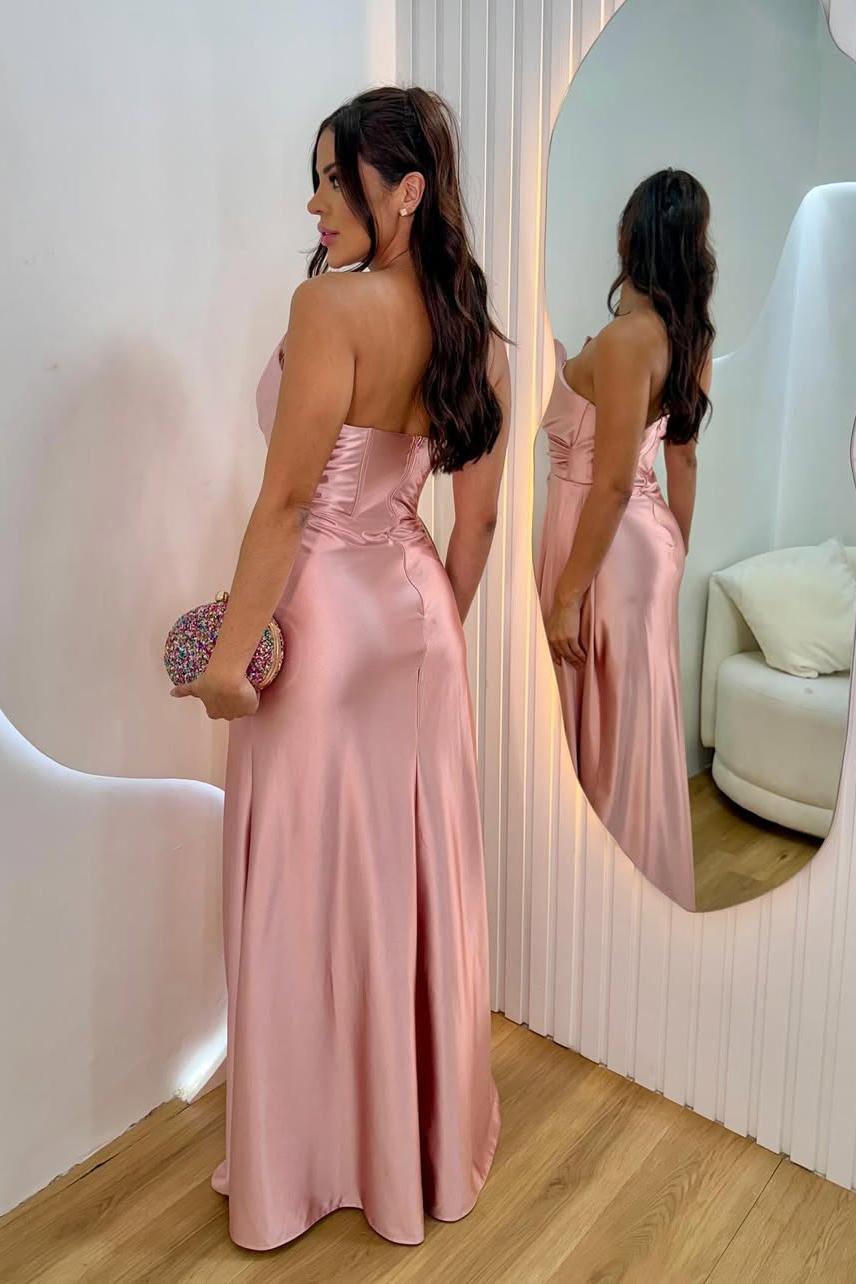 Strapless V Neck Sleeveless Long Split Prom Dress With Pleated