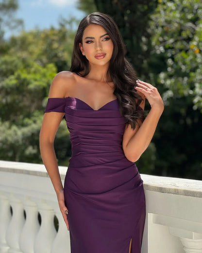 Grape Pleated Off-The-Shoulder Split Prom Dress ZT0743