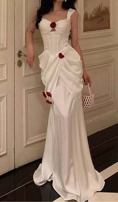Elegant White Satin Flowers Evening Dress Long Prom Dress