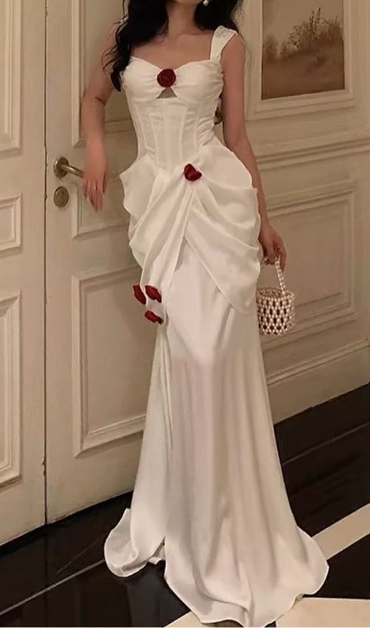 Elegant White Satin Flowers Evening Dress Long Prom Dress