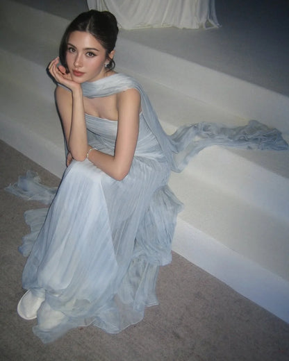 Light Blue Pleated Strapless Chiffon Elegant Prom Dress