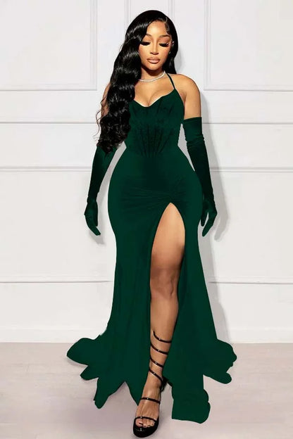 Black Mermaid Split Prom Dress With Long Gloves
