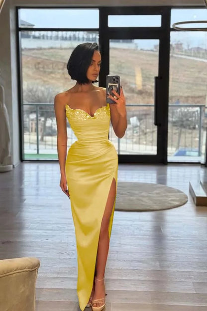 Red Split Sequins Strapless Prom Dress With Puff Sleeves