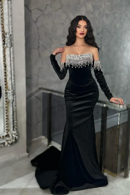 Black Velvet Strapless Long Rhinestones Prom Dress With Sleeves