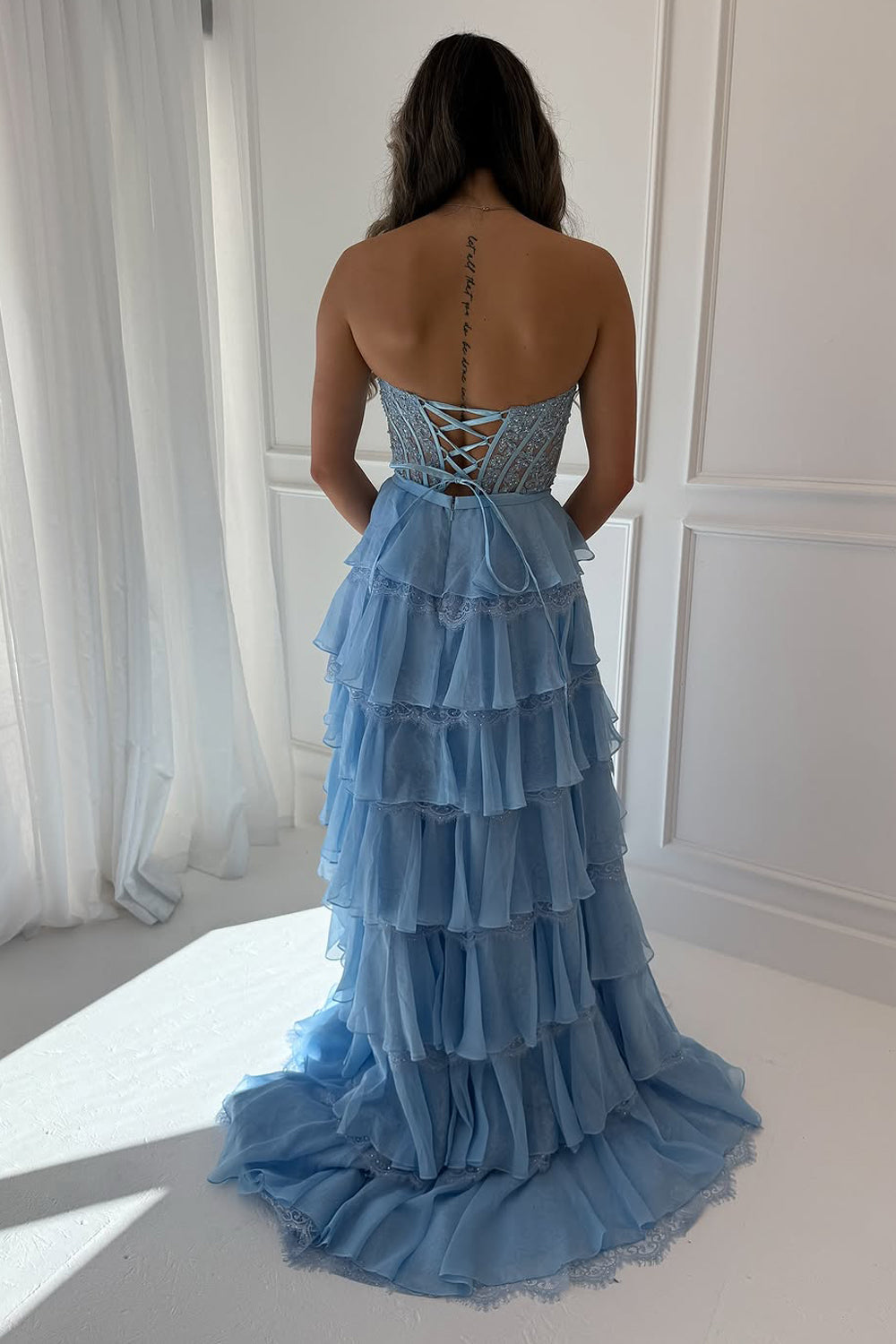 Fashion A Line Sweetheart Light Blue Chiffon Tiered Prom Dress