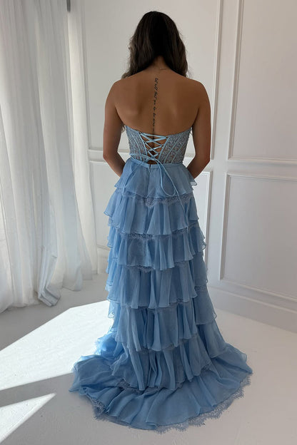 Fashion A Line Sweetheart Light Blue Chiffon Tiered Prom Dress