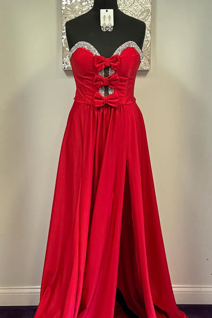 A-Line Sweetheart Keyholes Red Satin Long Prom Dress