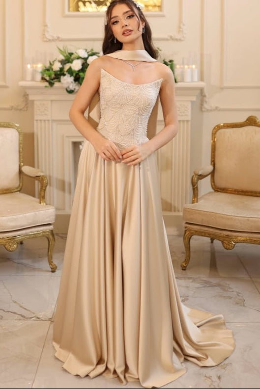 A-Line Prom Dress Sleeveless Satin with Beaded
