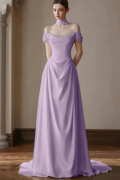 Elegant Off-the-Shoulder Prom Dress Pleated A-Line with Beaded