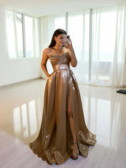Shiny Satin Beaded Corset Formal Evening Gown
