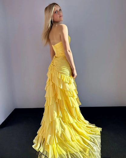 Yellow Lovely Sweetheart Split Chiffon Pleated Prom Dress