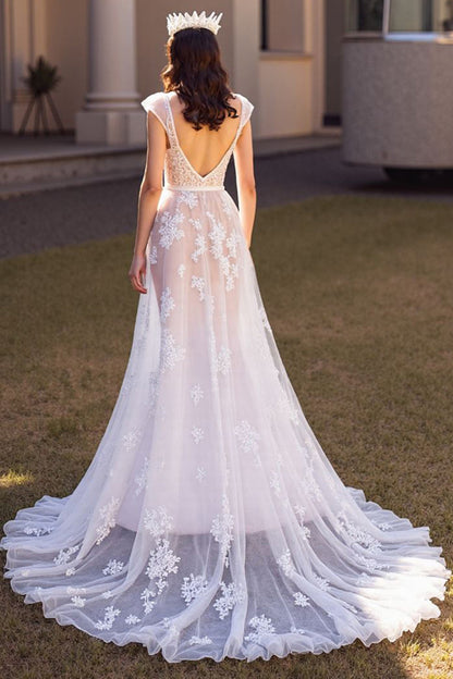 Cap Sleeves V-Neck A-Line Wedding Dress