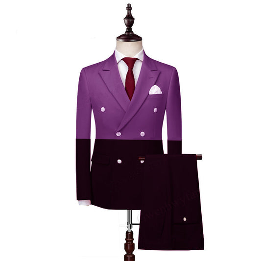Handsome Purple And Black Double Breasted Marriage Suit With Peaked Lapel Party