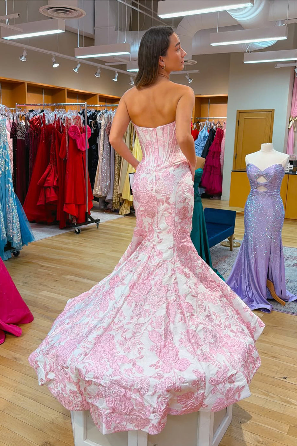 Gorgeous Mermaid Sweetheart Pink Jacquard Satin Prom Dress