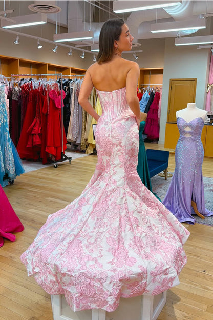 Gorgeous Mermaid Sweetheart Pink Jacquard Satin Prom Dress