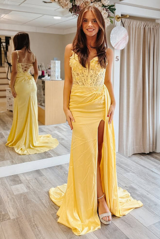Cute Sheath Sweetheart Yellow Satin Prom Dress with Slit