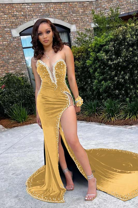 V Neck Appliques Mermaid Prom Dress High Waist Beaded With Split