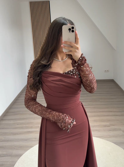 Long Sleeves Empire-Waist Ruched Feathers Formal Evening Dress