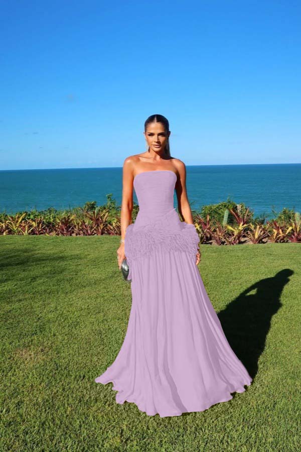 Chiffon Strapless Sleeveless Long A-Line Prom Dress With Pleated And Feathers