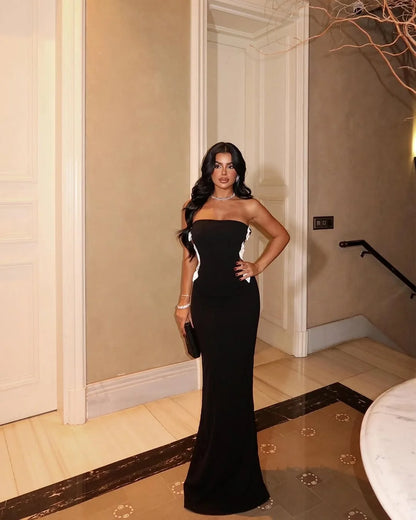 Black Slim Fit White Bow Strapless Prom Dress