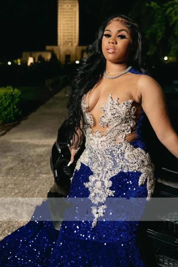 Royal Blue Sleeveless Scoop Prom Dress Mermaid Sequins With Beadings