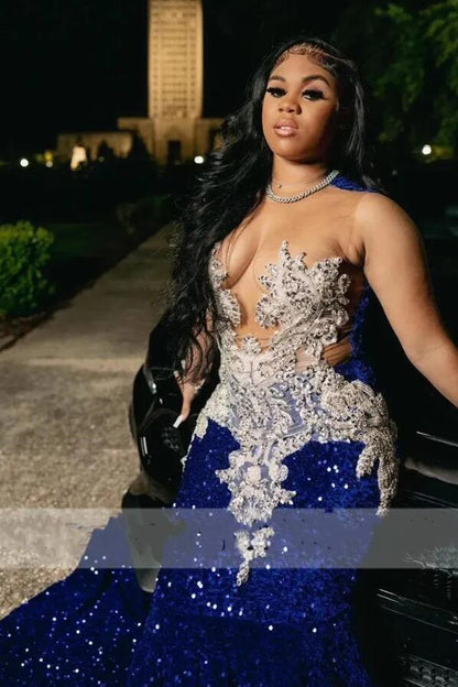 Royal Blue Sleeveless Scoop Prom Dress Mermaid Sequins With Beadings