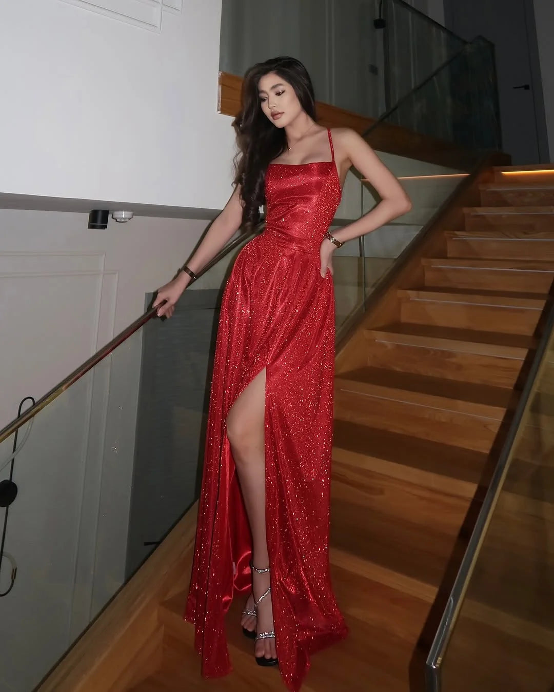 Glamorous Red Shining Split Spaghetti-Straps Prom Dress ZT0687