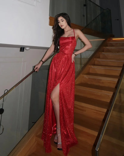Glamorous Red Shining Split Spaghetti-Straps Prom Dress ZT0687