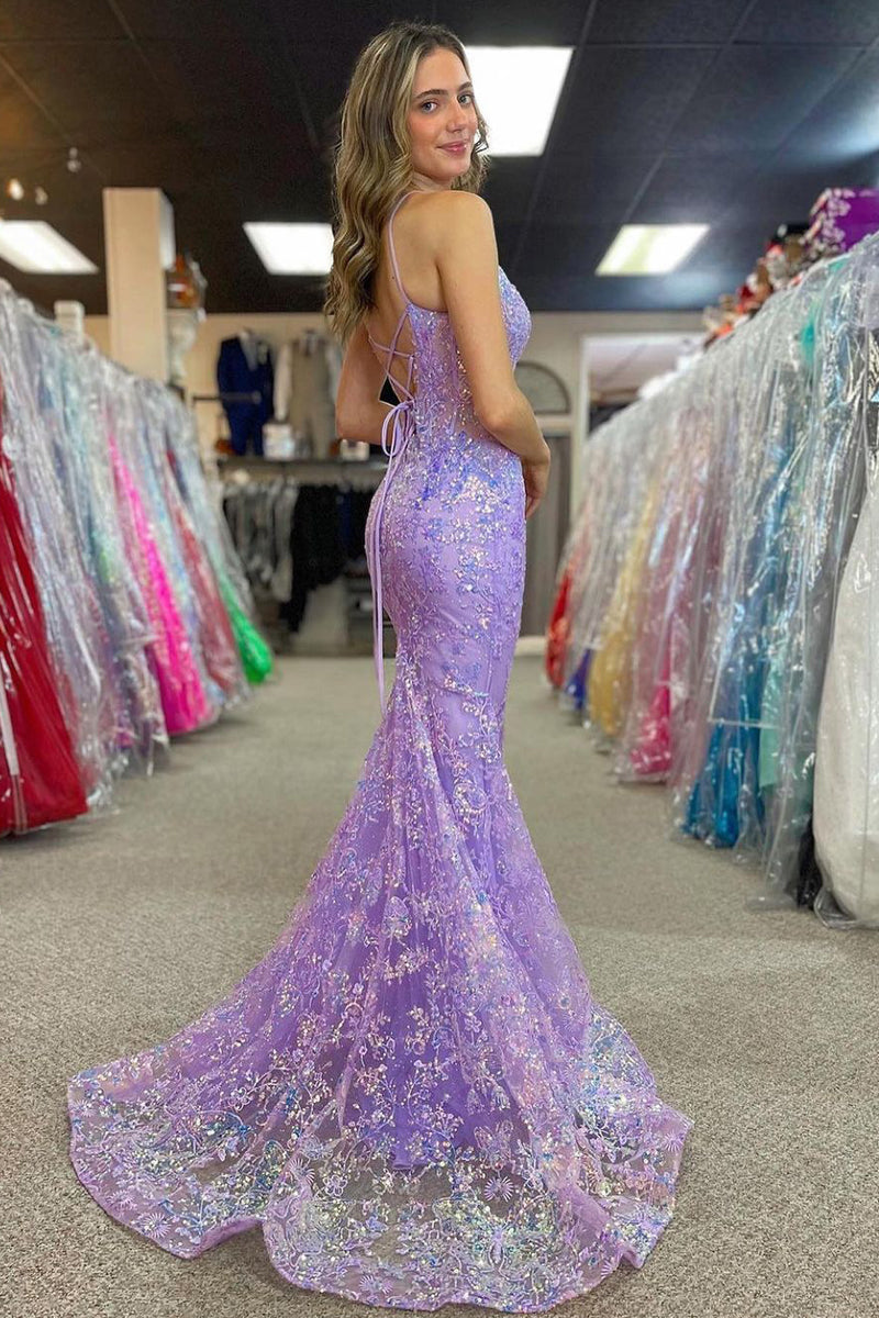 Charming Mermaid Lilac V Neck Sequins Long Prom Dress