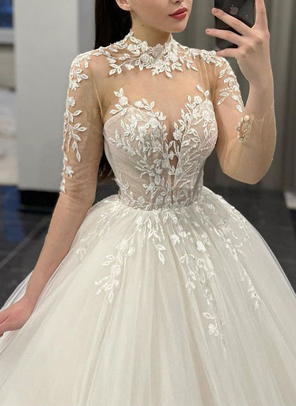 Ball-Gown Illusion Neck Long Sleeves Court Train Lace Tulle Wedding Dress