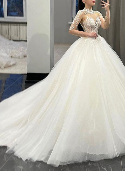 Ball-Gown Illusion Neck Long Sleeves Court Train Lace Tulle Wedding Dress