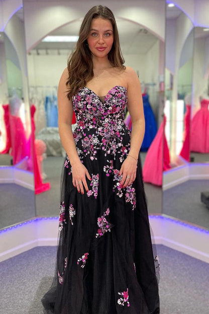 A Line Strapless Black Tulle Long Prom Dress with Appliques
