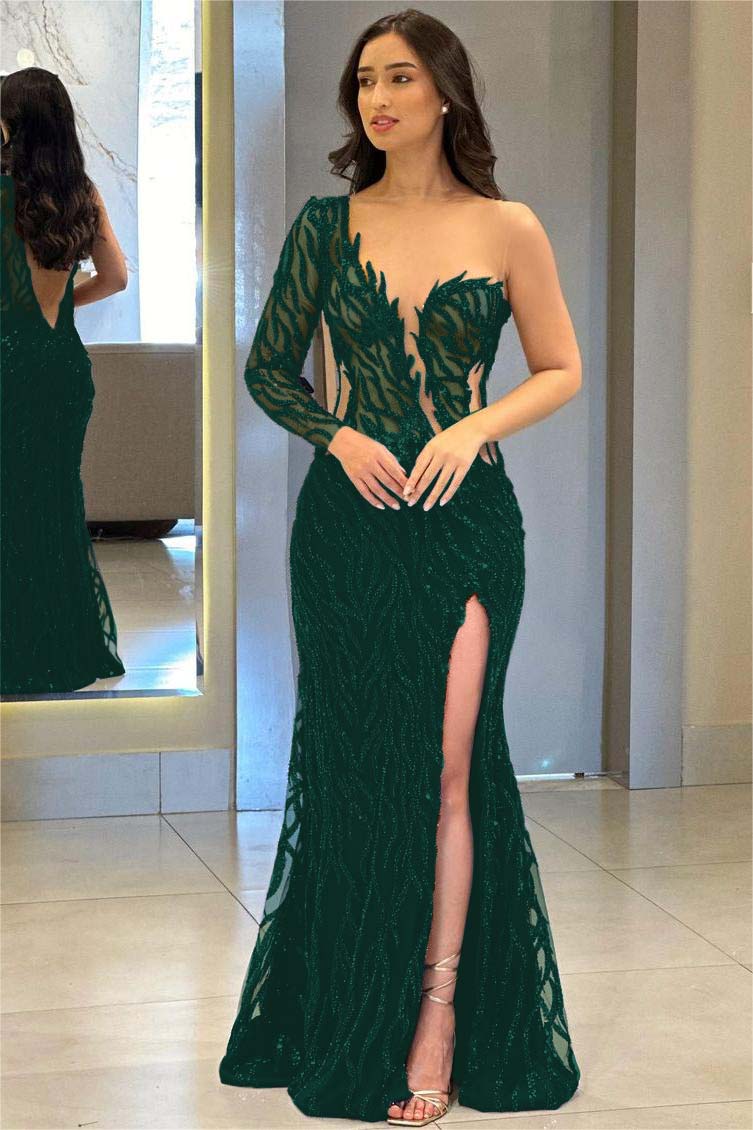 One Shoulder One Long Sleeve Backless Mermaid Split Prom Dress