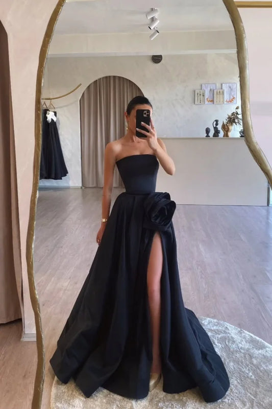 Formal Black A-Line Split Strapless Prom Dress