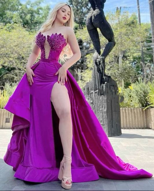 Sweetheart Satin Grape Lace Long Floor Length Prom Dress