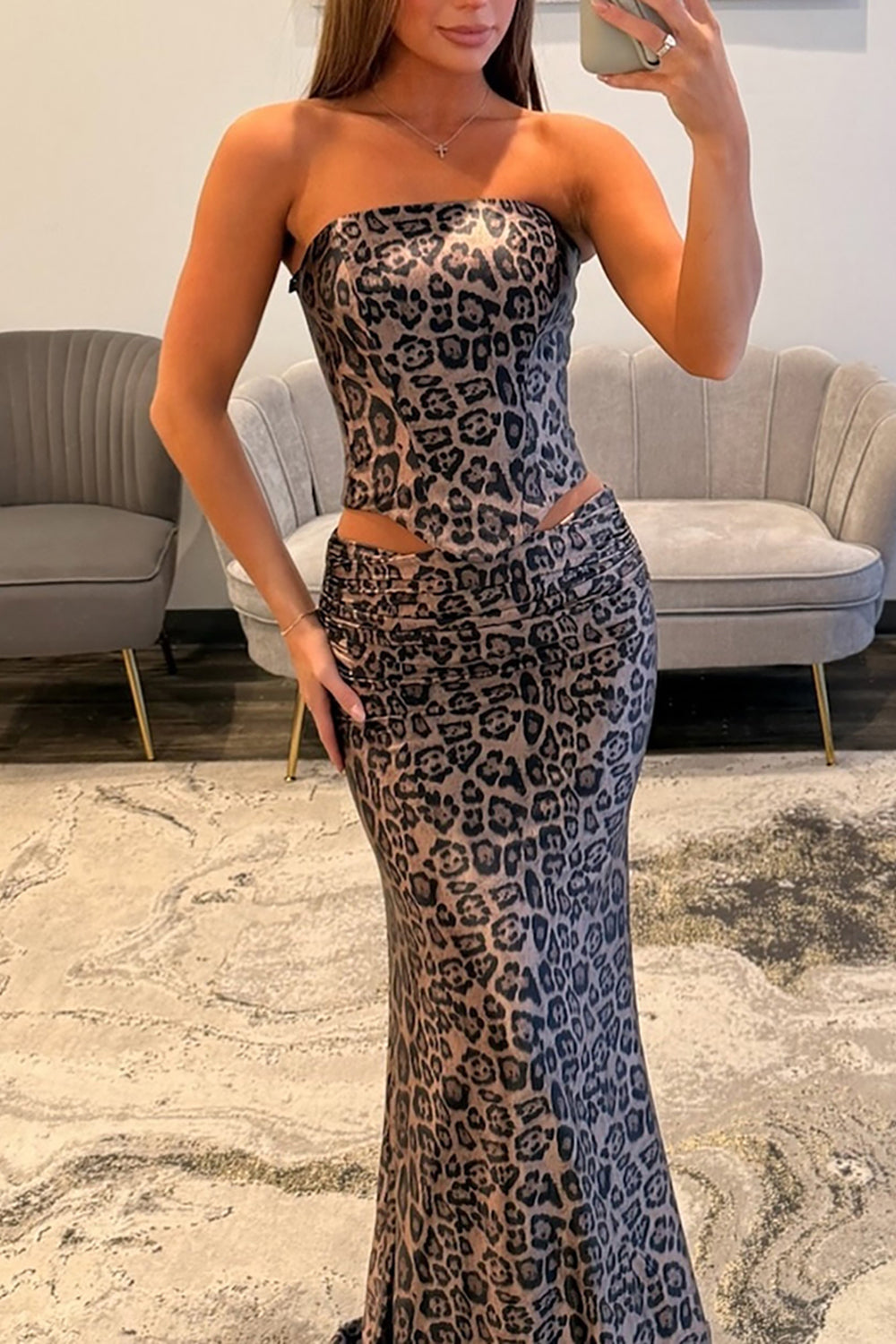 Mermaid Strapless Cut Out Brown Leopard Long Prom Dress