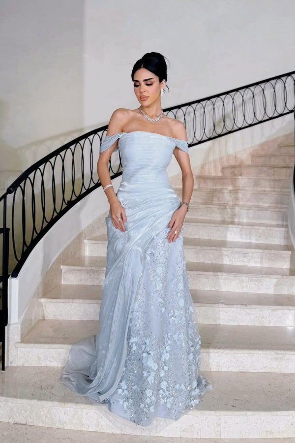 Appealing Blue Off-the-Shoulder Prom Dress Pleated with Applique