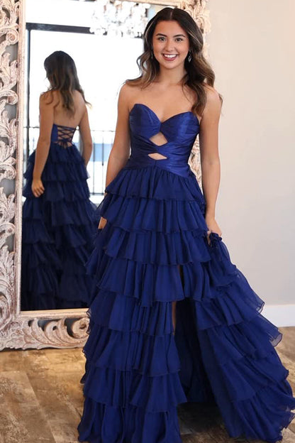 Cute A Line Sweetheart Chiffon Tiered Prom Dress with Slit