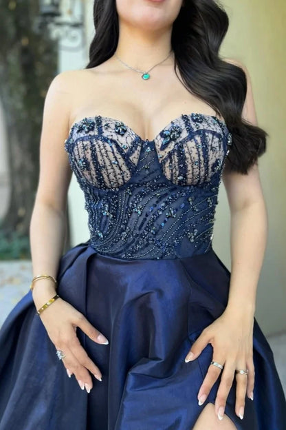 Dark Blue Split Sweetheart Sequins Prom Dress