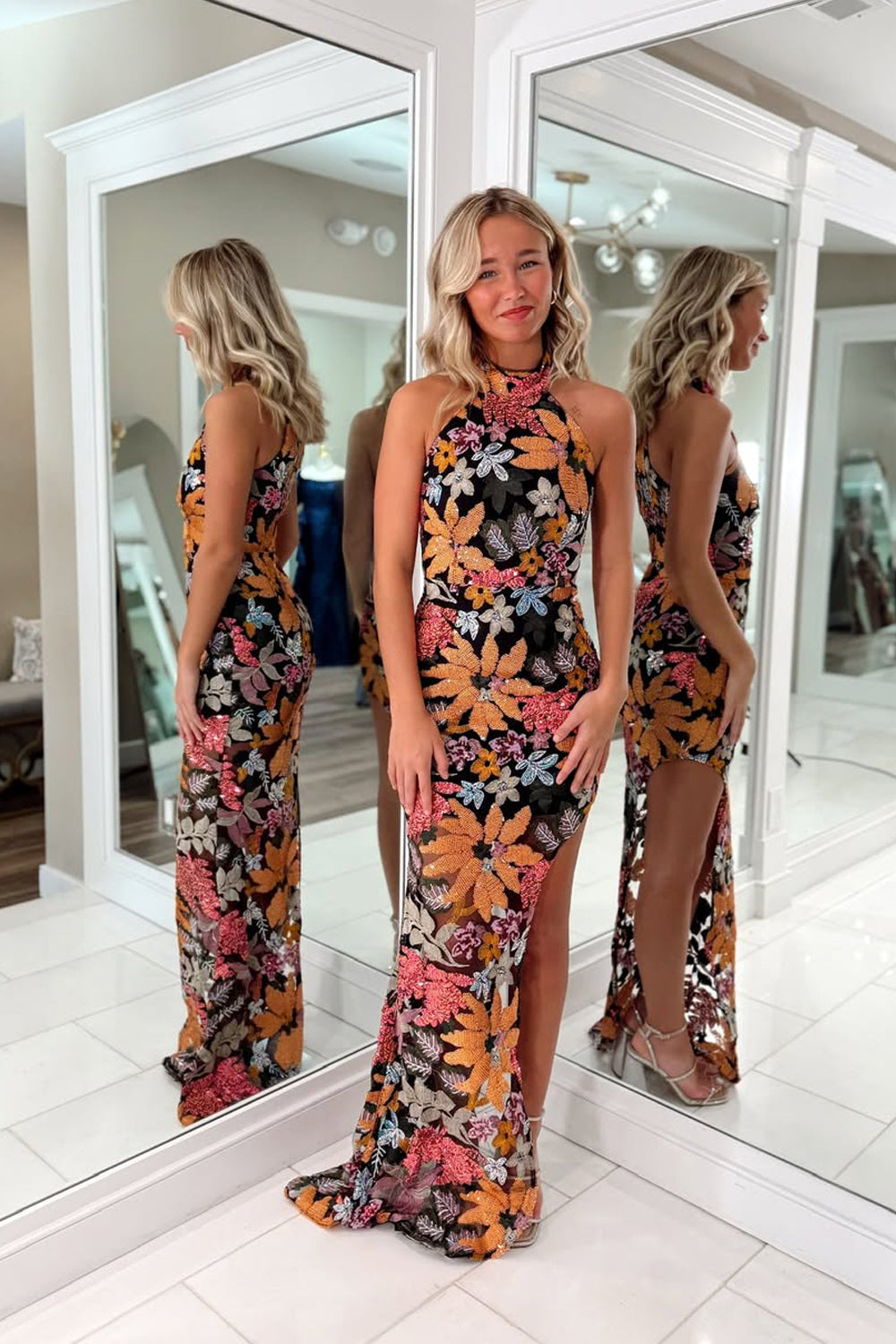 Cute Mermaid Halter Lace Sequins Long Prom Dress with Slit