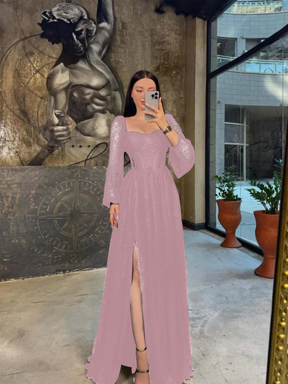 Lantern Long Sleeves Long A-Line Pleated Prom Dress With Split And Corset