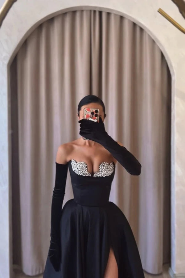 Formal Black Strapless Split Beaded A-Line Prom Dress With Velvet Gloves